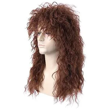 morvally Men’s Women 80s Rockstar Style Long Brown Curly Punk Rock Hair Wig Glam Rock-Rocker Wig Perfect for Halloween, Cosplay, DIY Themed Costume Party
