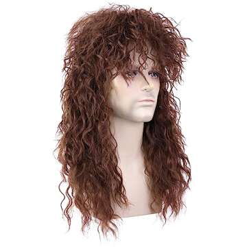 morvally Men’s Women 80s Rockstar Style Long Brown Curly Punk Rock Hair Wig Glam Rock-Rocker Wig Perfect for Halloween, Cosplay, DIY Themed Costume Party