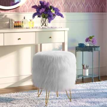 GREENSTELL Vanity Stool Chair with Storage, 13.5" W x 18" H Round Faux Fur Ottoman with 4 Metal Legs...