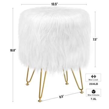 GREENSTELL Vanity Stool Chair with Storage, 13.5" W x 18" H Round Faux Fur Ottoman with 4 Metal Legs, Furry Padded Seat, Modern Multifunctional Makeup Stool for Bedroom Living Room White