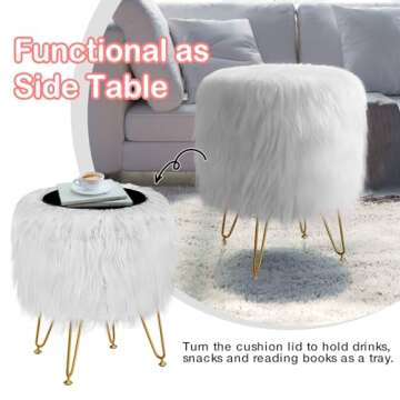 GREENSTELL Vanity Stool Chair with Storage, 13.5" W x 18" H Round Faux Fur Ottoman with 4 Metal Legs, Furry Padded Seat, Modern Multifunctional Makeup Stool for Bedroom Living Room White