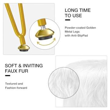 GREENSTELL Vanity Stool Chair with Storage, 13.5" W x 18" H Round Faux Fur Ottoman with 4 Metal Legs, Furry Padded Seat, Modern Multifunctional Makeup Stool for Bedroom Living Room White