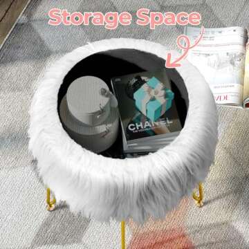 GREENSTELL Vanity Stool Chair with Storage, 13.5" W x 18" H Round Faux Fur Ottoman with 4 Metal Legs, Furry Padded Seat, Modern Multifunctional Makeup Stool for Bedroom Living Room White