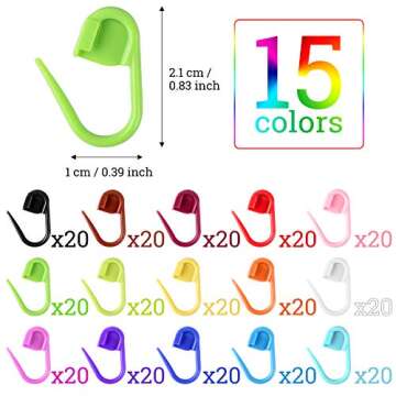 LUNARM 300 Pcs Stitch Markers, 15 Colors Crochet Stitch Needle Clip Knitting Plastic Locking Stitch ...