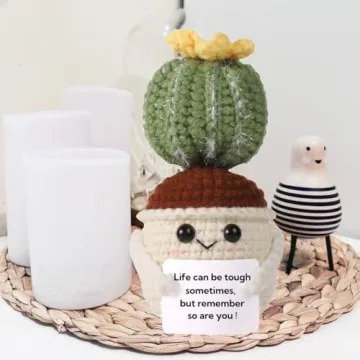 Handmade Crochet Mini Funny Potted-Positive Emotional Support Plant,Crochet Desk Decor,Crochet Flower Decor,Gift for Friends,Mother's Day Gift,Encouragement Gifts (Cactus-2)