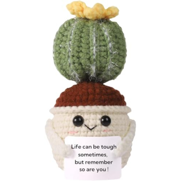 Handmade Crochet Mini Funny Potted-Positive Emotional Support Plant,Crochet Desk Decor,Crochet Flower Decor,Gift for Friends,Mother's Day Gift,Encouragement Gifts (Cactus-2)