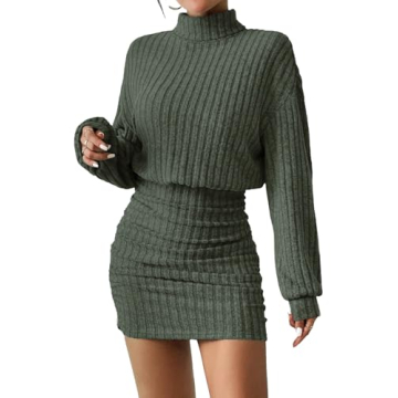 Women's Pullover Sweater Dress Long Lantern Sleeve Turtle Neck Cute Ribbed Knit Bodycon Mini Short D...