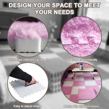 Jaderlu 16pcs 0.6" Thickened Interlocking Tile Mats,Fluffy Shaggy Soft EVA Foam Area Rug for Living Room & Bedroom,Non-Slip Protective Floor Carpet Play Mat Kids Baby Dorm Home Decor (11.8ft, Pink)