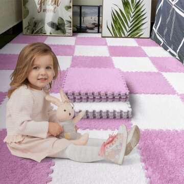 Jaderlu 16pcs 0.6" Thickened Interlocking Tile Mats,Fluffy Shaggy Soft EVA Foam Area Rug for Living Room & Bedroom,Non-Slip Protective Floor Carpet Play Mat Kids Baby Dorm Home Decor (11.8ft, Pink)