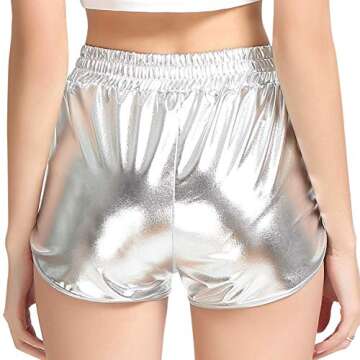 PESION Women's Metallic Rave Shiny Shorts Booty Hot Yoga Dance Disco Pants, Silver Large