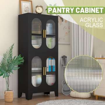 winiowa 61" Metal Pantry Cabinet, Kitchen Storage Cabinets with Acrylic Glass Doors and Adjustable Shelves, Black Cupboard for Bathroom, Laundry, Living Room, Dinning Room, Home Office