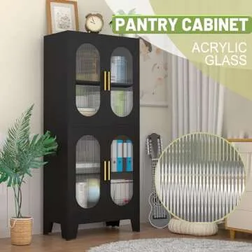 winiowa 61" Metal Pantry Cabinet, Kitchen Storage Cabinets with Acrylic Glass Doors and Adjustable Shelves, Black Cupboard for Bathroom, Laundry, Living Room, Dinning Room, Home Office