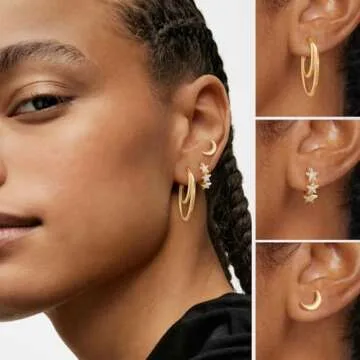 LADYGD Gold Hoop Earrings Set for Women 14K Gold Plated Cubic Zirconia Small Huggie Hoop Stud Earring Stackable Multiple Piercing Lightweight Dainty Trendy Hypoallergenic Jewelry Gifts 3 Pairs