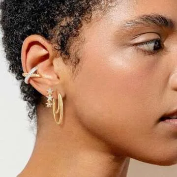 LADYGD Gold Hoop Earrings Set for Women 14K Gold Plated Cubic Zirconia Small Huggie Hoop Stud Earring Stackable Multiple Piercing Lightweight Dainty Trendy Hypoallergenic Jewelry Gifts 3 Pairs