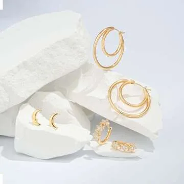 LADYGD Gold Hoop Earrings Set for Women 14K Gold Plated Cubic Zirconia Small Huggie Hoop Stud Earring Stackable Multiple Piercing Lightweight Dainty Trendy Hypoallergenic Jewelry Gifts 3 Pairs