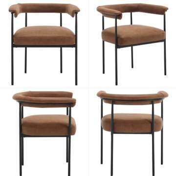 Ya-Home Modern Dining Chairs Set of 4, Upholstered PU Side Chair Armchair with Barrel Backrest Black Metal Frame for Dining Room Living Room, Brown