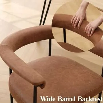 Ya-Home Modern Dining Chairs Set of 4, Upholstered PU Side Chair Armchair with Barrel Backrest Black Metal Frame for Dining Room Living Room, Brown