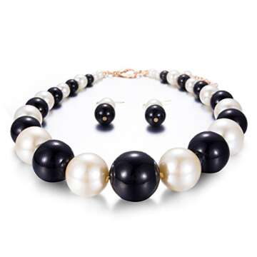 Yuhuan Womens Faux Big Pearl Choker Necklace and Earring Set Fashion Pearl Set (Black and White)