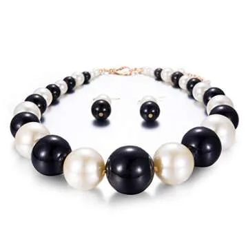 Yuhuan Womens Faux Big Pearl Choker Necklace and Earring Set Fashion Pearl Set (Black and White)