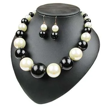 Yuhuan Womens Faux Big Pearl Choker Necklace and Earring Set Fashion Pearl Set (Black and White)