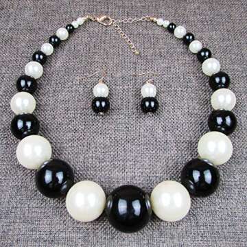 Yuhuan Womens Faux Big Pearl Choker Necklace and Earring Set Fashion Pearl Set (Black and White)