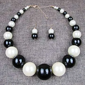 Yuhuan Womens Faux Big Pearl Choker Necklace and Earring Set Fashion Pearl Set (Black and White)