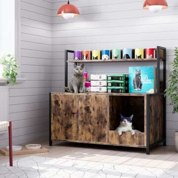 Litter Box Enclosure, Cat Litter Box Furniture with Removable Divider, Large Hidden Litter Box Furniture, Wooden Cat House, End Side Table, Rustic Brown