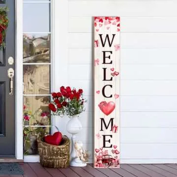 Valentine's Day Porch Sign Valentine Welcome Sign For Front Door Happy Valentine Decor Porch Sign Outdoor Yard Sign Home Indoor Wooden Vertical Sign Wall Sign For Front Patio Garden Porch