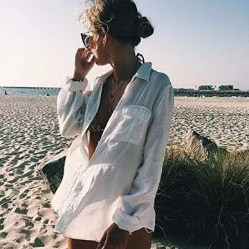 Eddoyee Long Sleeve Button Down Swimsuit Cover Ups for Women Turn Down Collar Beach Shirt Blouse White