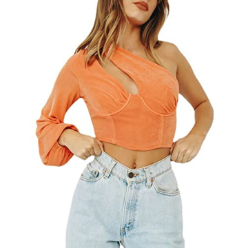 LYANER Women's Sexy One Shoulder Cut Out Bishop Long Sleeve Crop Tee Blouse Top Orange X-Large