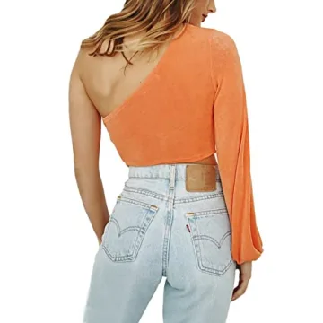 Stylish LYANER Women's One Shoulder Crop Tee Blouse
