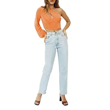 Stylish LYANER Women's One Shoulder Crop Tee Blouse