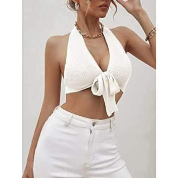 Amarmia Women's Sexy Deep V Neck Crop Tops Halter Knit Ribbed Bow-Knot Front Backless Cleavage Cropped Tank Top White