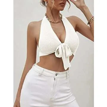 Amarmia Women's Sexy Deep V Neck Crop Tops Halter Knit Ribbed Bow-Knot Front Backless Cleavage Cropped Tank Top White