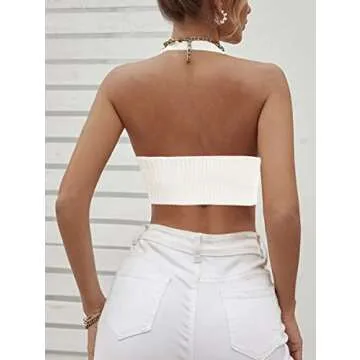 Amarmia Women's Sexy Deep V Neck Crop Tops Halter Knit Ribbed Bow-Knot Front Backless Cleavage Cropped Tank Top White