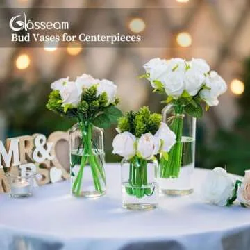 Glasseam Clear Glass Bud Vase, Set of 6 Modern Cylinder for Centerpieces, Blown Craft Aesthetic Decorative Small Flower Vases Bulk for Flowers Rose Tulip Pampas Grass