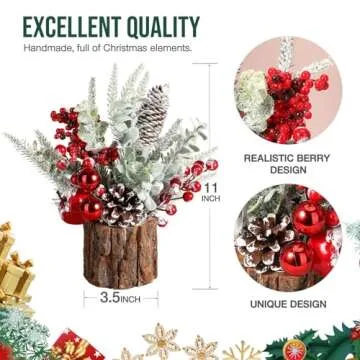 Hatisan Small Tabletop Christmas Tree with Ornaments, Pine Cones, and Berries - For Home Decor