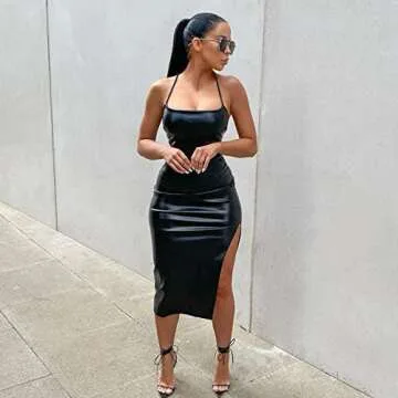 Sexy Suspender Bodycon Leather Midi Dress Sleeveless Open Back Criss Cross Bandage Split PU Dress Night Party Club Wear Black