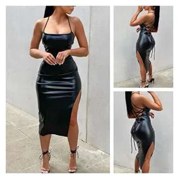Sexy Suspender Bodycon Leather Midi Dress Sleeveless Open Back Criss Cross Bandage Split PU Dress Night Party Club Wear Black