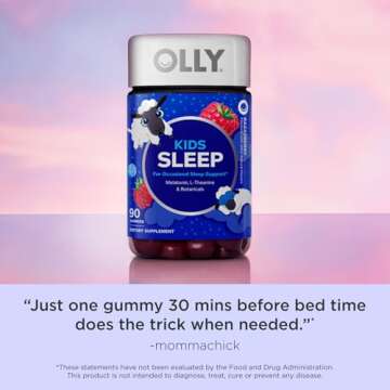 OLLY Kids Sleep Gummy, Occasional Sleep Support, 0.5mg Melatonin, L Theanine, Chamomile, and Lemon Balm Extracts, Childrens Chewable Supplement, Raspberry Flavor - 90 Count