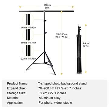 Meking 5x6.5ft Adjustable T-Shaped Backdrop Stand with Carry Bag and 4 Heavy Duty Clamps, Small Backdrop Holder Foldable T-Shape Background Support Stand