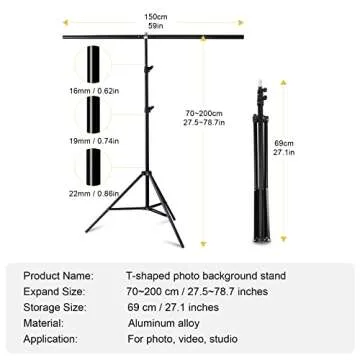 Meking 5x6.5ft Adjustable T-Shaped Backdrop Stand with Carry Bag and 4 Heavy Duty Clamps, Small Backdrop Holder Foldable T-Shape Background Support Stand