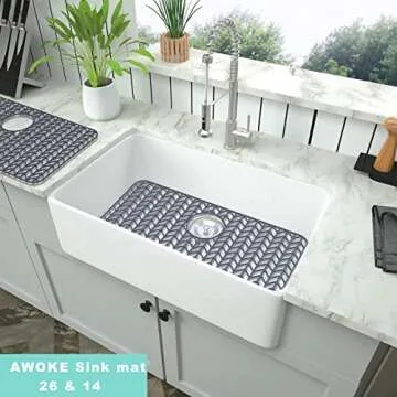 AWOKE Silicone Sink Protectors for Kitchen Sink, 26''x 14'' Folding Non-slip Sink Mat Grid, for Bottom of Farmhouse Stainless Steel Porcelain Sink with Rear Drain (Grey)