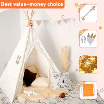 Teepee Tent for Kids Foldable Teepee Play Tent with Fairy Lights, Carry Case Water Resistance, Pretend Camp Fire, Four Poles Style Raw White Color - New Version Tiny House little dove