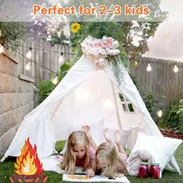 Teepee Tent for Kids Foldable Teepee Play Tent with Fairy Lights, Carry Case Water Resistance, Pretend Camp Fire, Four Poles Style Raw White Color - New Version Tiny House little dove