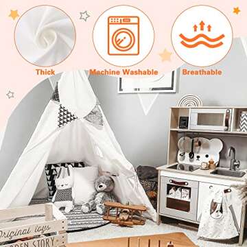 Teepee Tent for Kids Foldable Teepee Play Tent with Fairy Lights, Carry Case Water Resistance, Pretend Camp Fire, Four Poles Style Raw White Color - New Version Tiny House little dove
