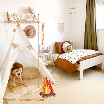 Teepee Tent for Kids Foldable Teepee Play Tent with Fairy Lights, Carry Case Water Resistance, Pretend Camp Fire, Four Poles Style Raw White Color - New Version Tiny House little dove
