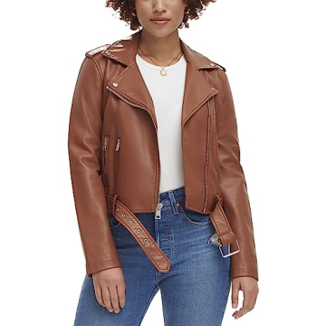 Levi's Women's Faux Leather Belted Motorcycle Jacket (Standard and Plus Sizes), Camel, Medium