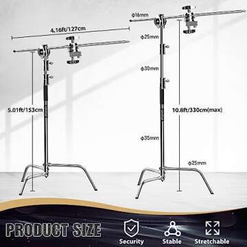 LOMTAP C Stand Light Stand Stainless Metal Photography Kit - Heavy Duty 10.8ft/330cm Vertical Pole, 4.2ft/128cm Boom Arm, Adjustable Base, Water Sandbag, 2 Grip Heads, 3 Clips for Softbox, Reflector