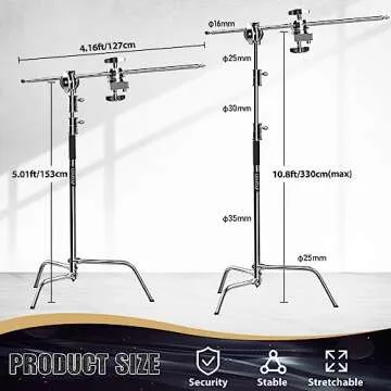 LOMTAP C Stand Light Stand Stainless Metal Photography Kit - Heavy Duty 10.8ft/330cm Vertical Pole, 4.2ft/128cm Boom Arm, Adjustable Base, Water Sandbag, 2 Grip Heads, 3 Clips for Softbox, Reflector